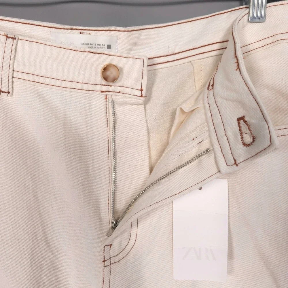 ZARA Women New Pants 44/12 Wide Leg Cotton Linen Contrast Stitching 7484/068/251
